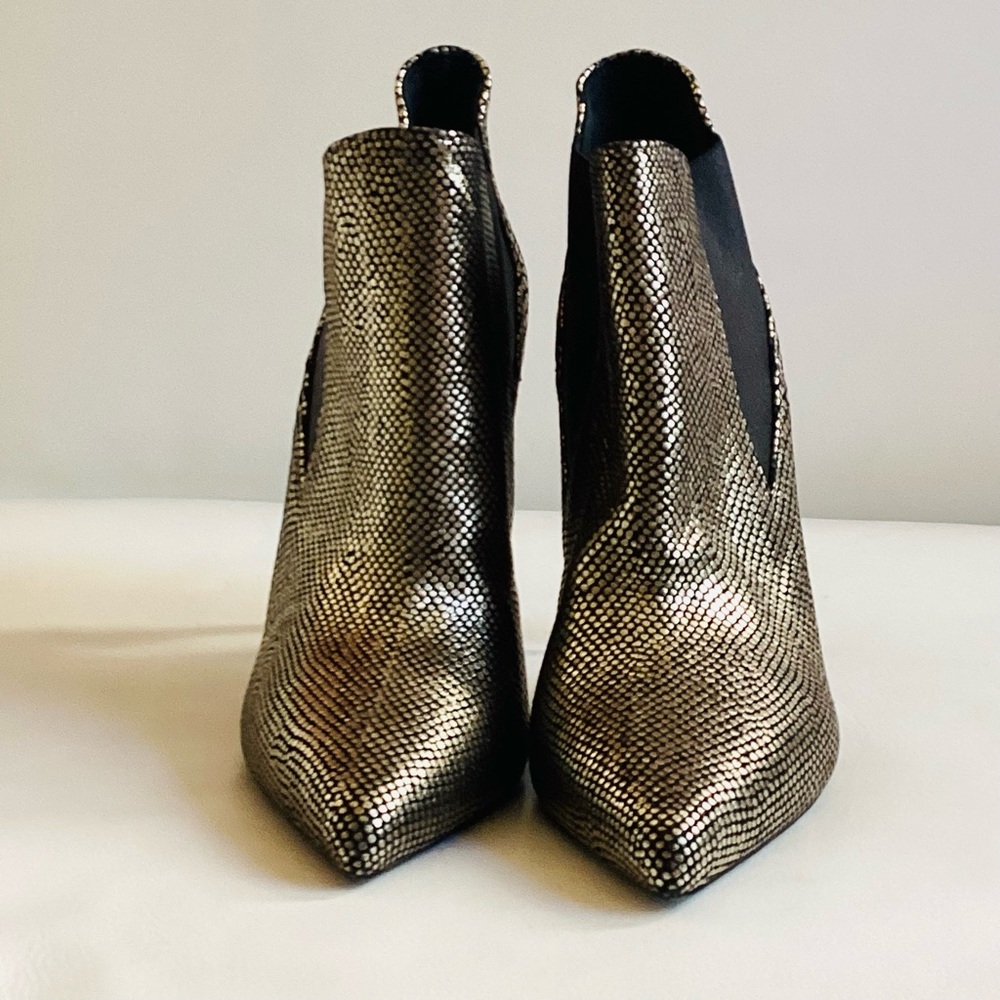 Saint Laurent Snake Embossed Black and Gold Ankle Spike Heel Boots SZ 8.5/38.5 - Picture 5 of 10